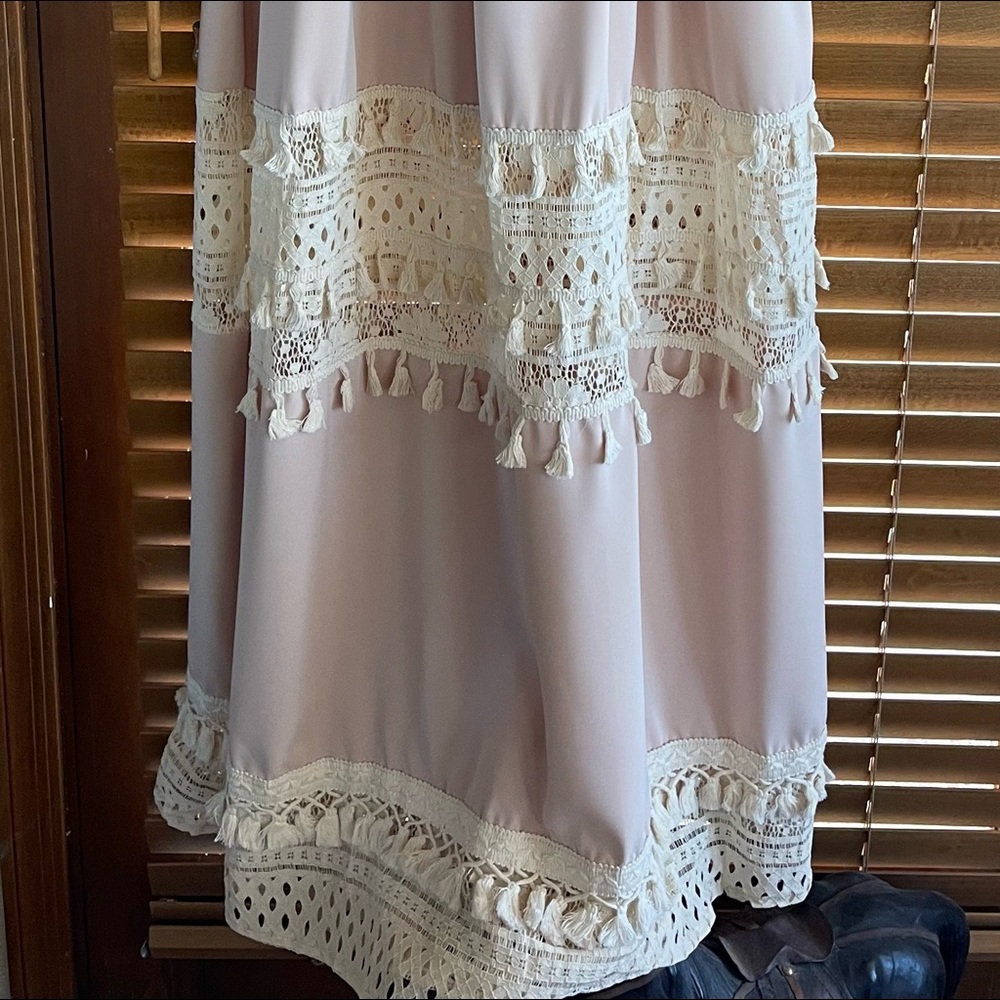 Boho Summer Crochet Maxi Dress, Tassel Adorned, Adjustable Tassel Tie Dress - Picture 11 of 13